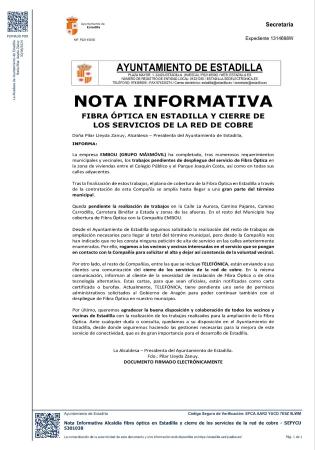 Imagen Fibra Óptica en Estadilla y cierre de los Servicios de la Red de Cobre