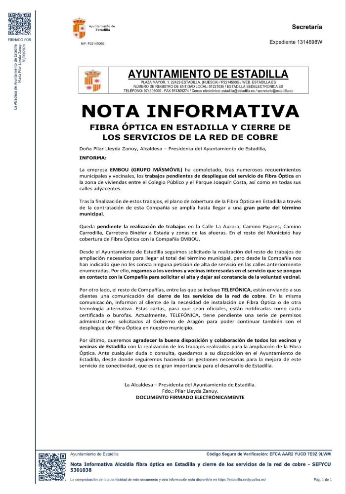 Imagen Fibra Óptica en Estadilla y cierre de los Servicios de la Red de Cobre