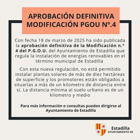 Imagen Aprobación definitiva Modificación n.º 4 PGOU del Ayuntamiento de Estadilla